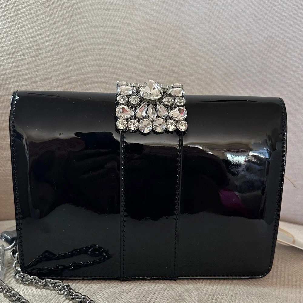 Rachel Zoe Glossy Black Clutch with Crystal Accents